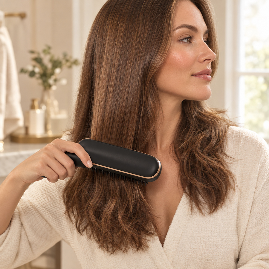 Side profile of a woman brushing the SwishBrush Pro through her hair