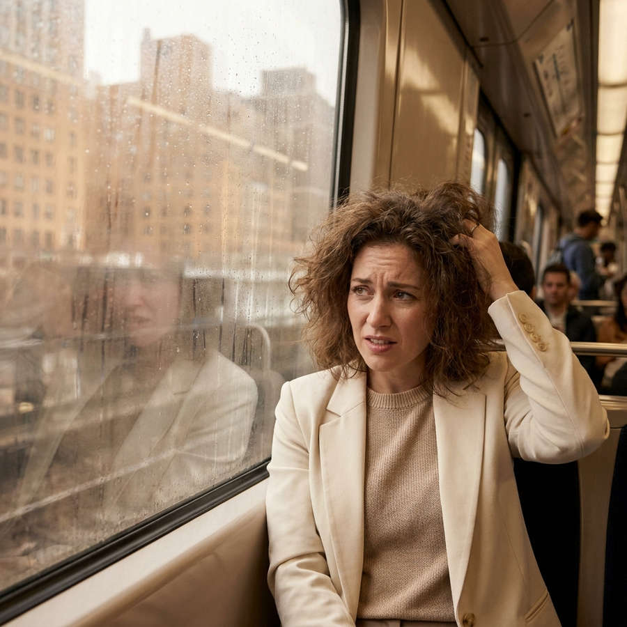 Woman frustrated by frizzy hair on a humid commute