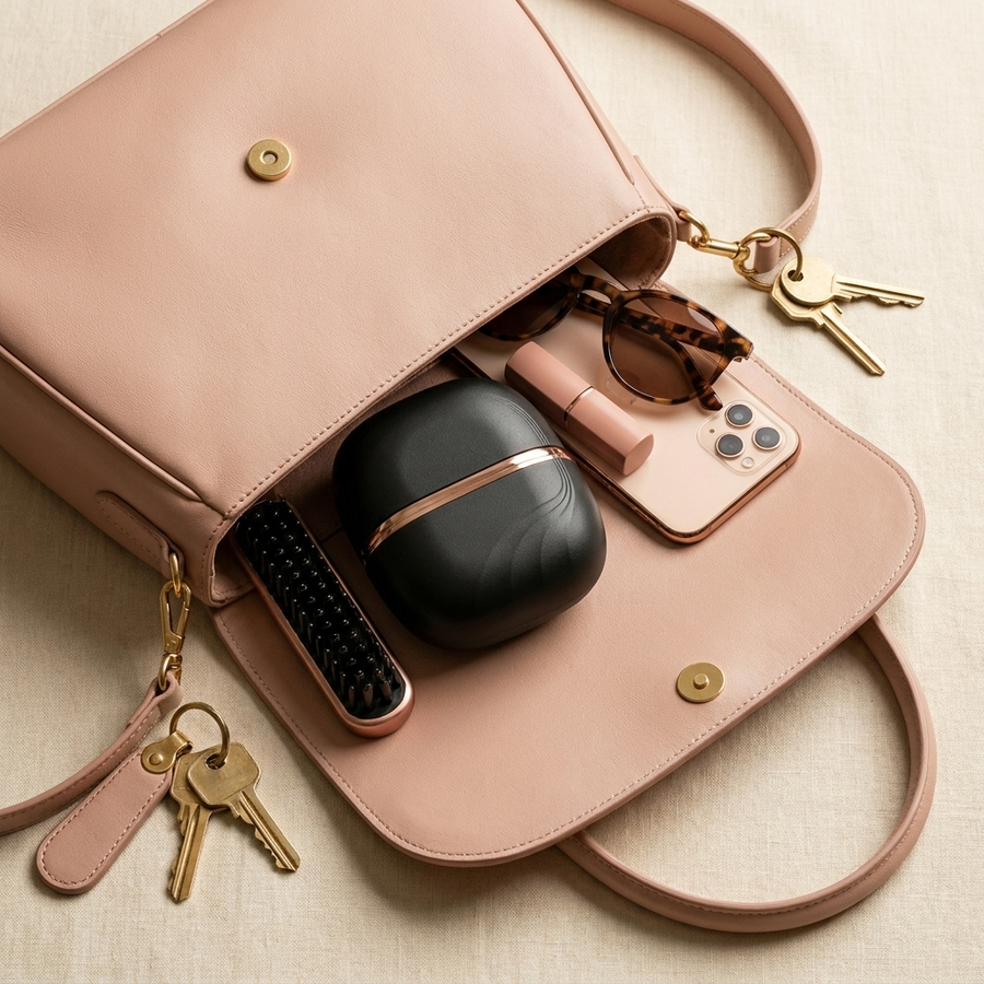 Swish comb tucked in a handbag next to phone and keys