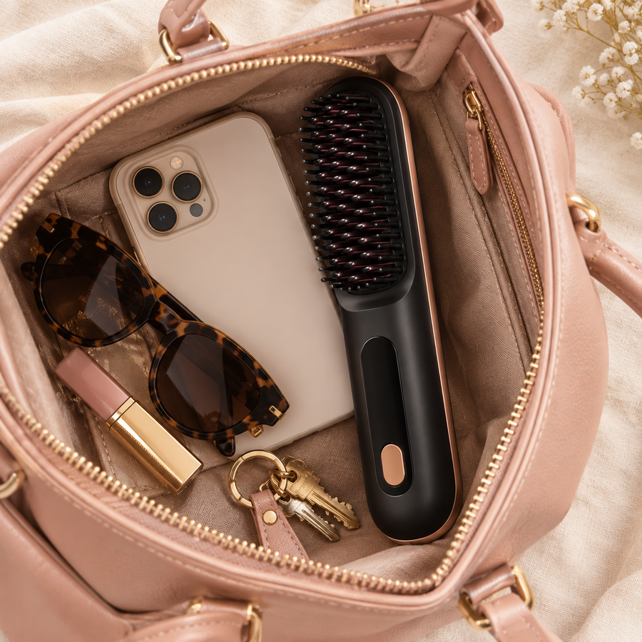 SwishBrush Pro inside an open blush handbag next to phone, sunglasses and keys